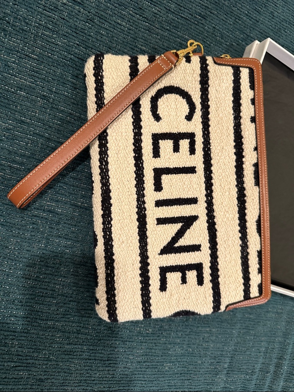 Celine Black and Cream Striped Canvas Wristlet with Tan Trim - Picture 16 of 17